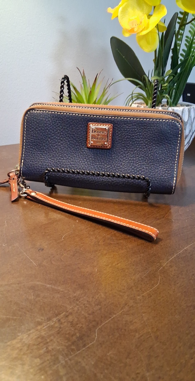 Dooney & Bourke Navy and Tan Pebbled Zip Wristlet